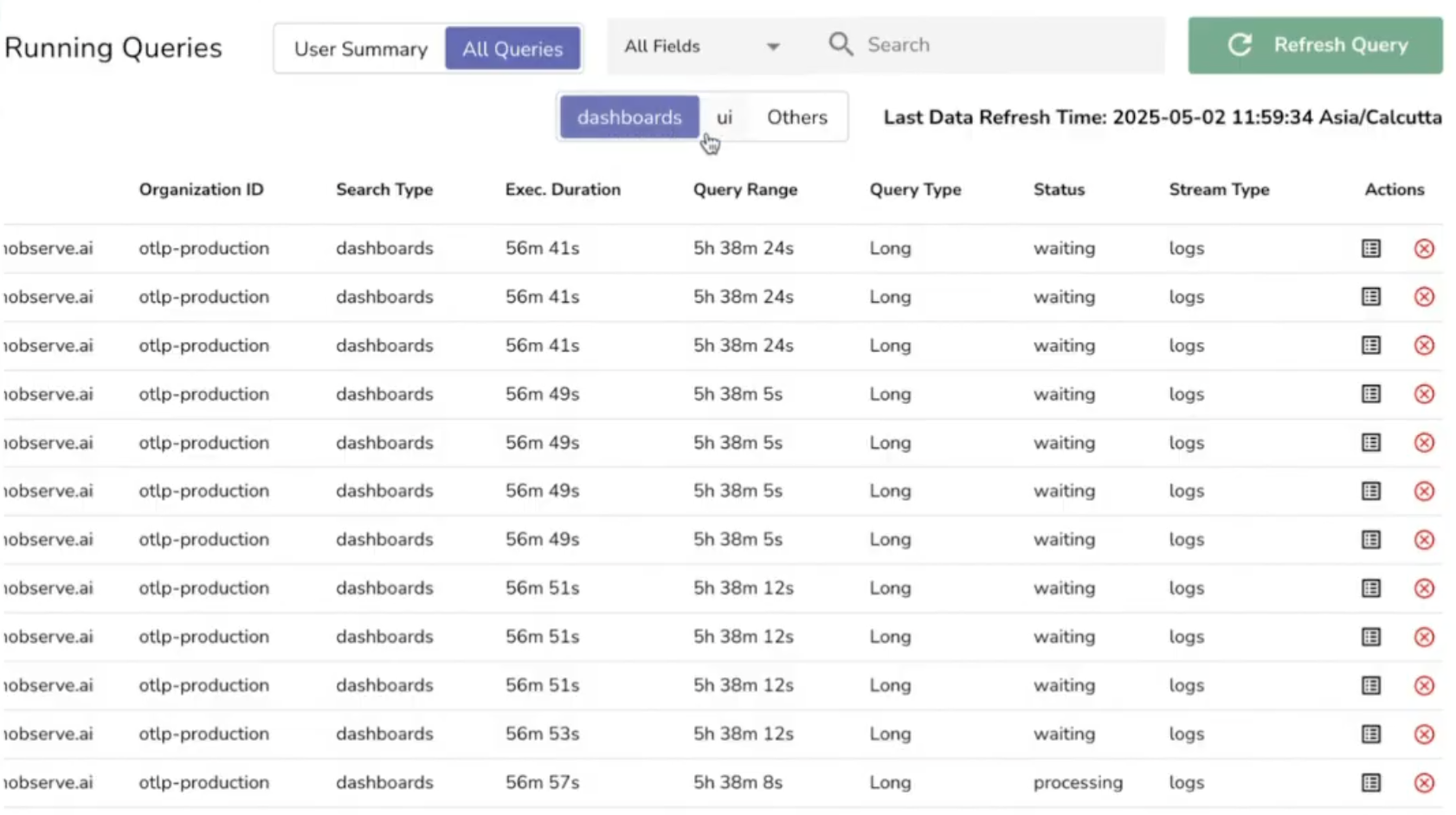 Filter and Search in Running Queries